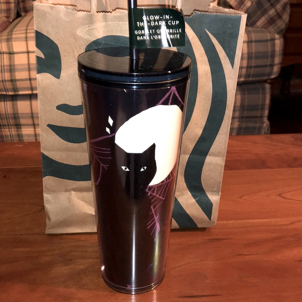 Super cute glow in the dark cat venti 24oz Starbucks cold cup.